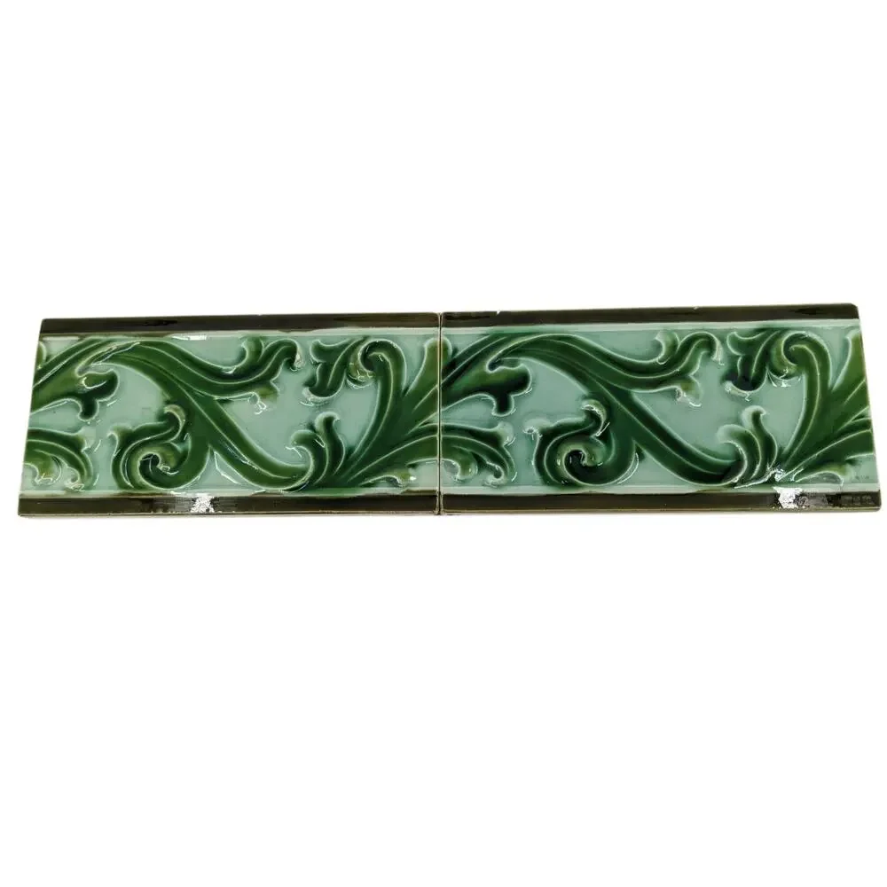 Pair Lot 2 Antique 1900's Belgium HELMAN MAJOLICA TILES Leaves Scroll Border 3x6